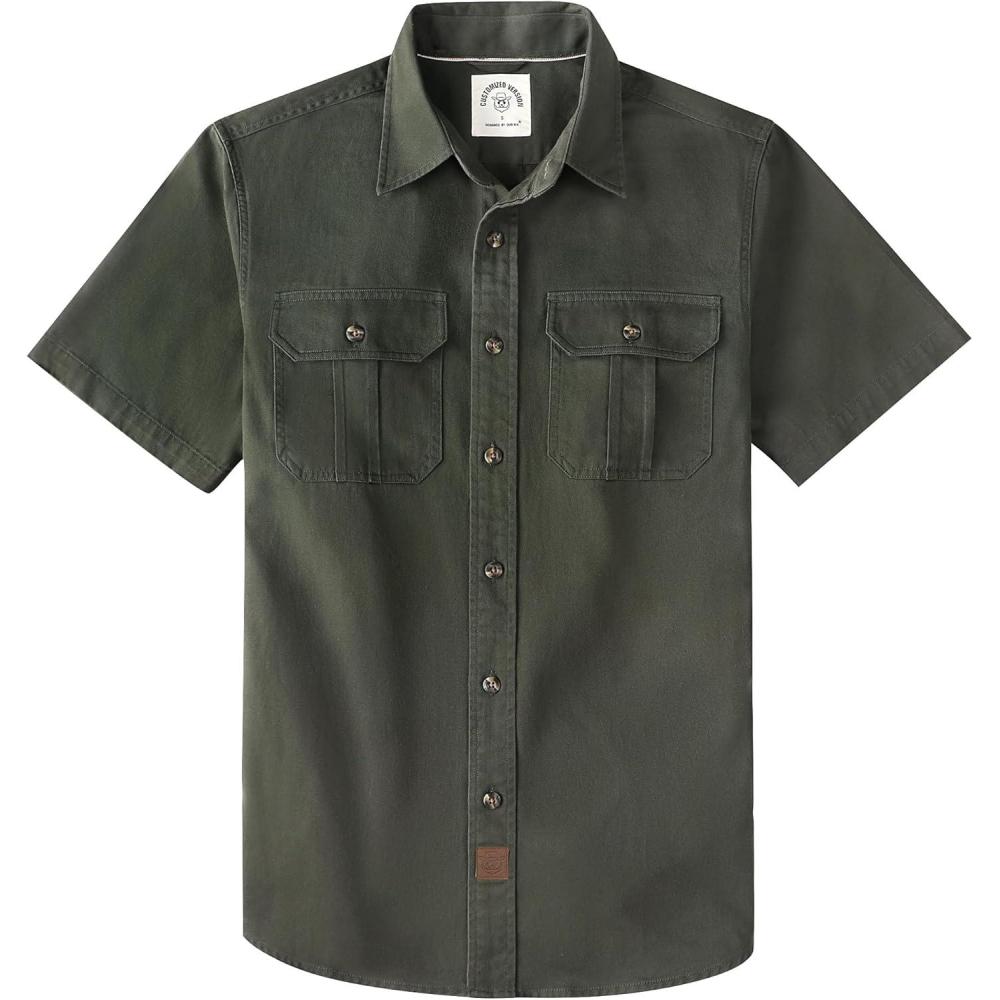 image:imageDubinik Mens Short Sleeve Button Down Shirts 2 Pocket Casual Vintage Cotton Button up Comfortable Western Heavyweight WorkArmy Green