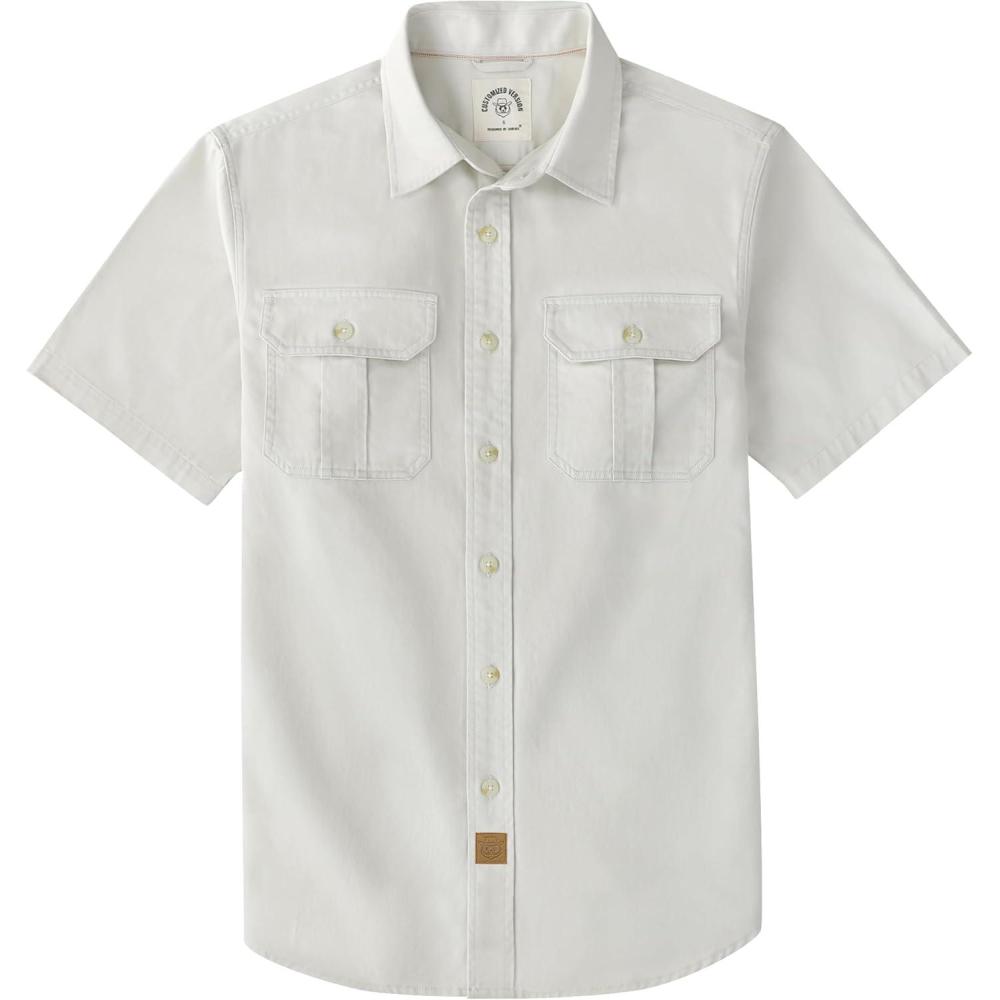 image:imageDubinik Mens Short Sleeve Button Down Shirts 2 Pocket Casual Vintage Cotton Button up Comfortable Western Heavyweight WorkBeige