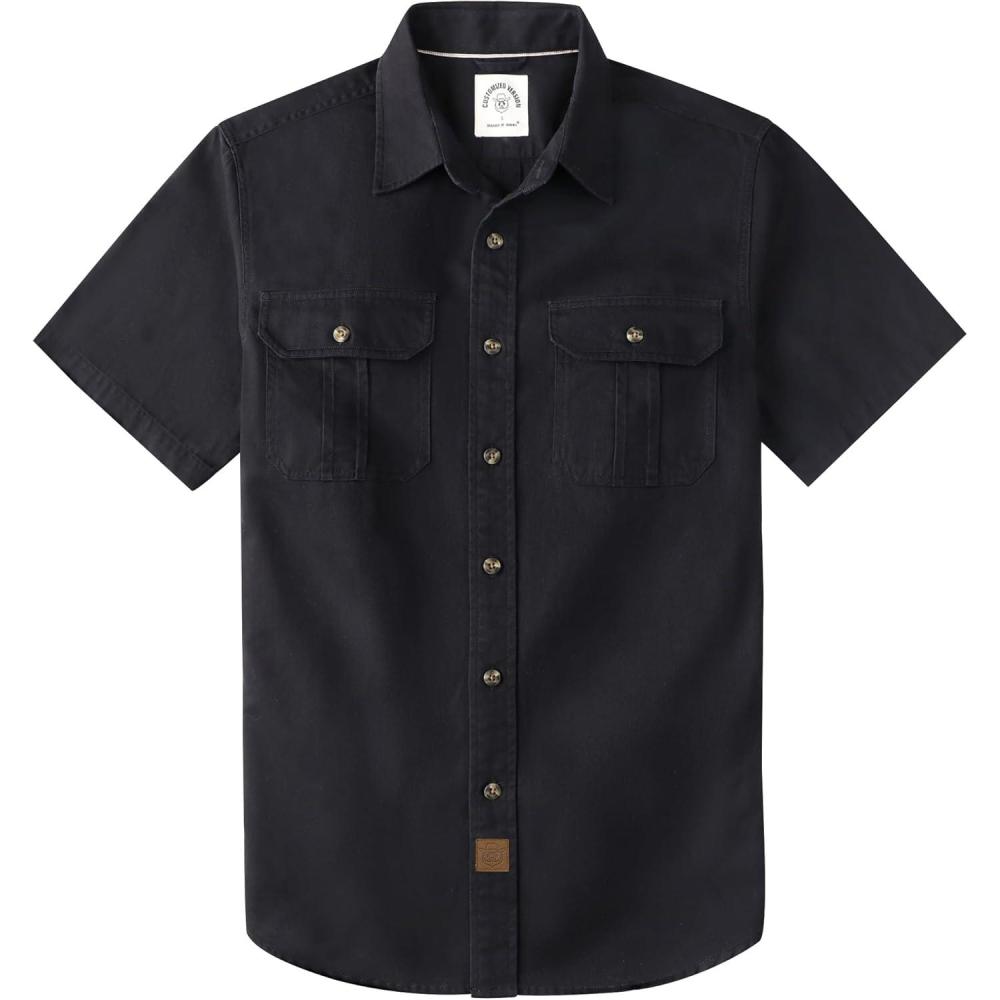 image:imageDubinik Mens Short Sleeve Button Down Shirts 2 Pocket Casual Vintage Cotton Button up Comfortable Western Heavyweight WorkBlack