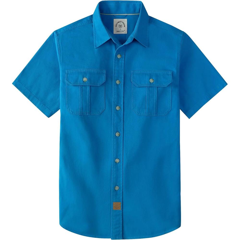 image:imageDubinik Mens Short Sleeve Button Down Shirts 2 Pocket Casual Vintage Cotton Button up Comfortable Western Heavyweight WorkBlue