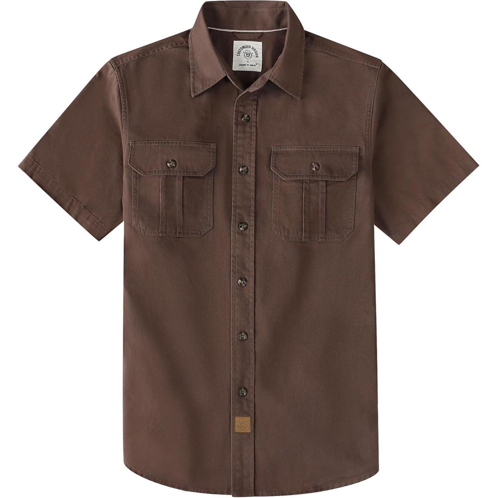 image:imageDubinik Mens Short Sleeve Button Down Shirts 2 Pocket Casual Vintage Cotton Button up Comfortable Western Heavyweight WorkBrown