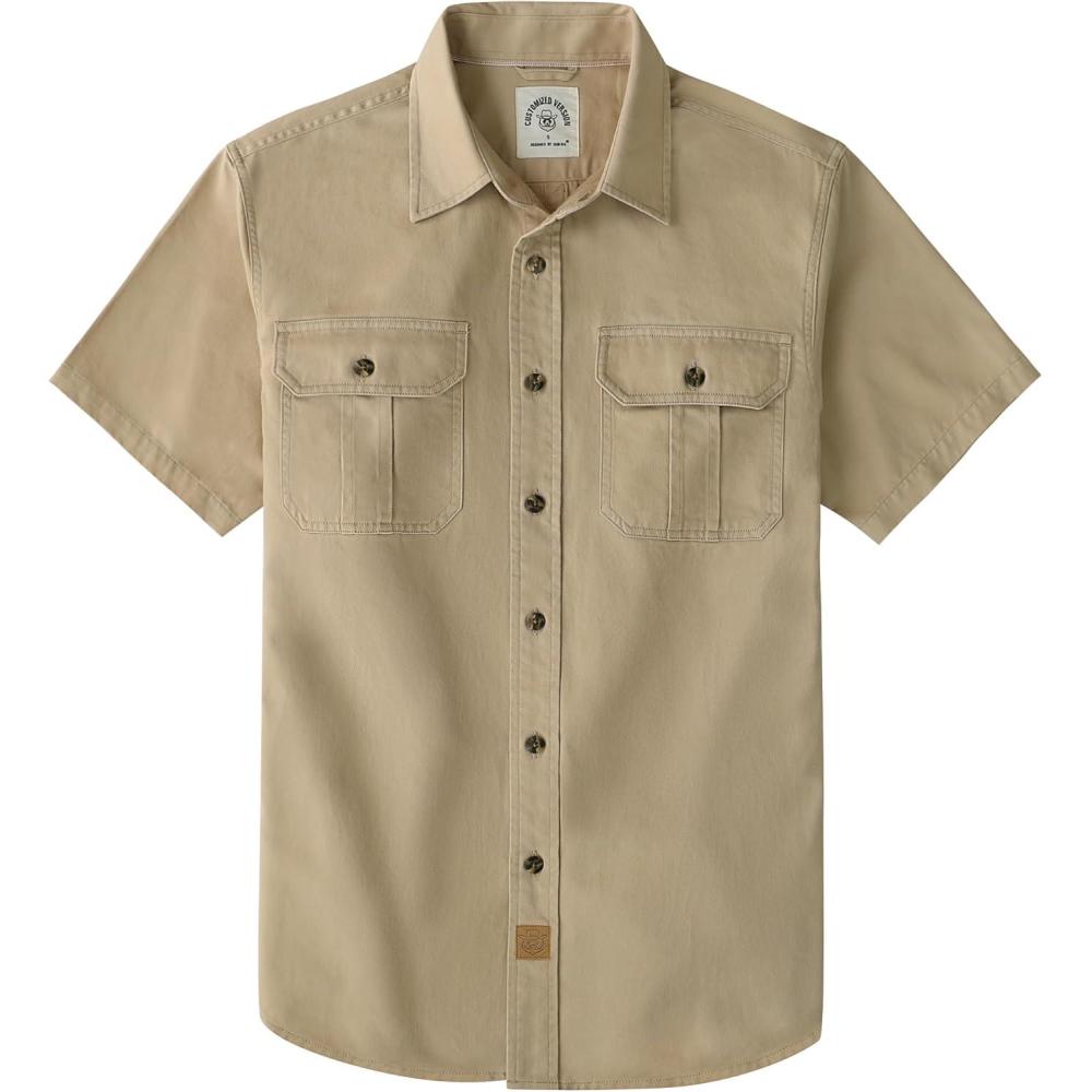 image:imageDubinik Mens Short Sleeve Button Down Shirts 2 Pocket Casual Vintage Cotton Button up Comfortable Western Heavyweight WorkKhaki