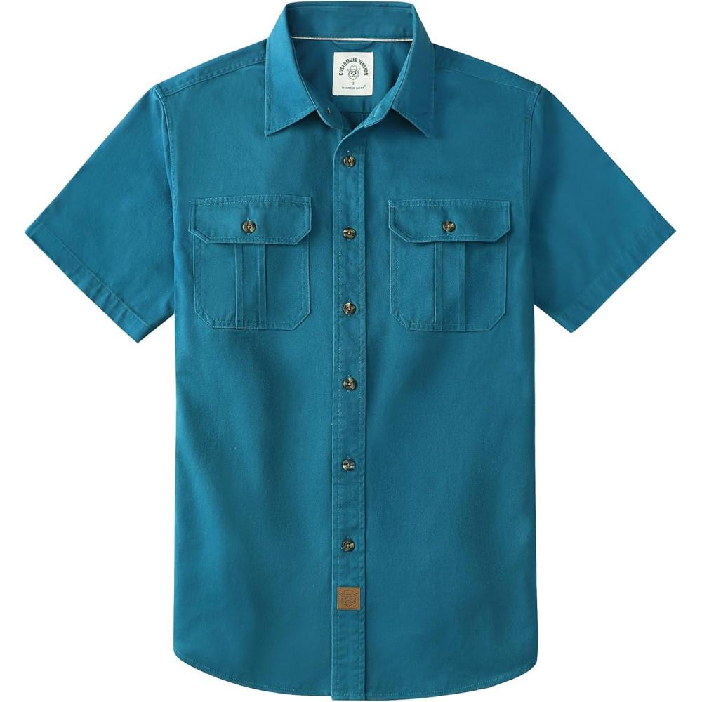 image:imageDubinik Mens Short Sleeve Button Down Shirts 2 Pocket Casual Vintage Cotton Button up Comfortable Western Heavyweight WorkLight Navy