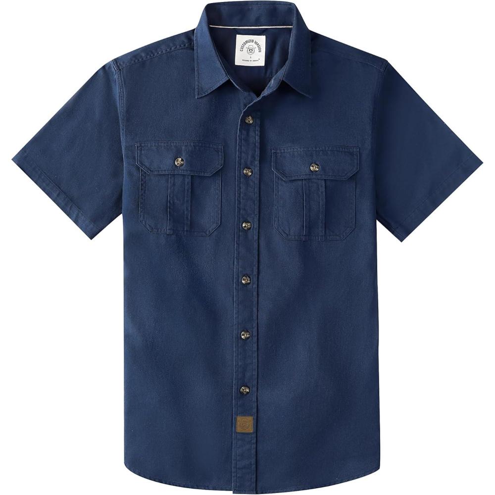 image:imageDubinik Mens Short Sleeve Button Down Shirts 2 Pocket Casual Vintage Cotton Button up Comfortable Western Heavyweight WorkNavy Blue