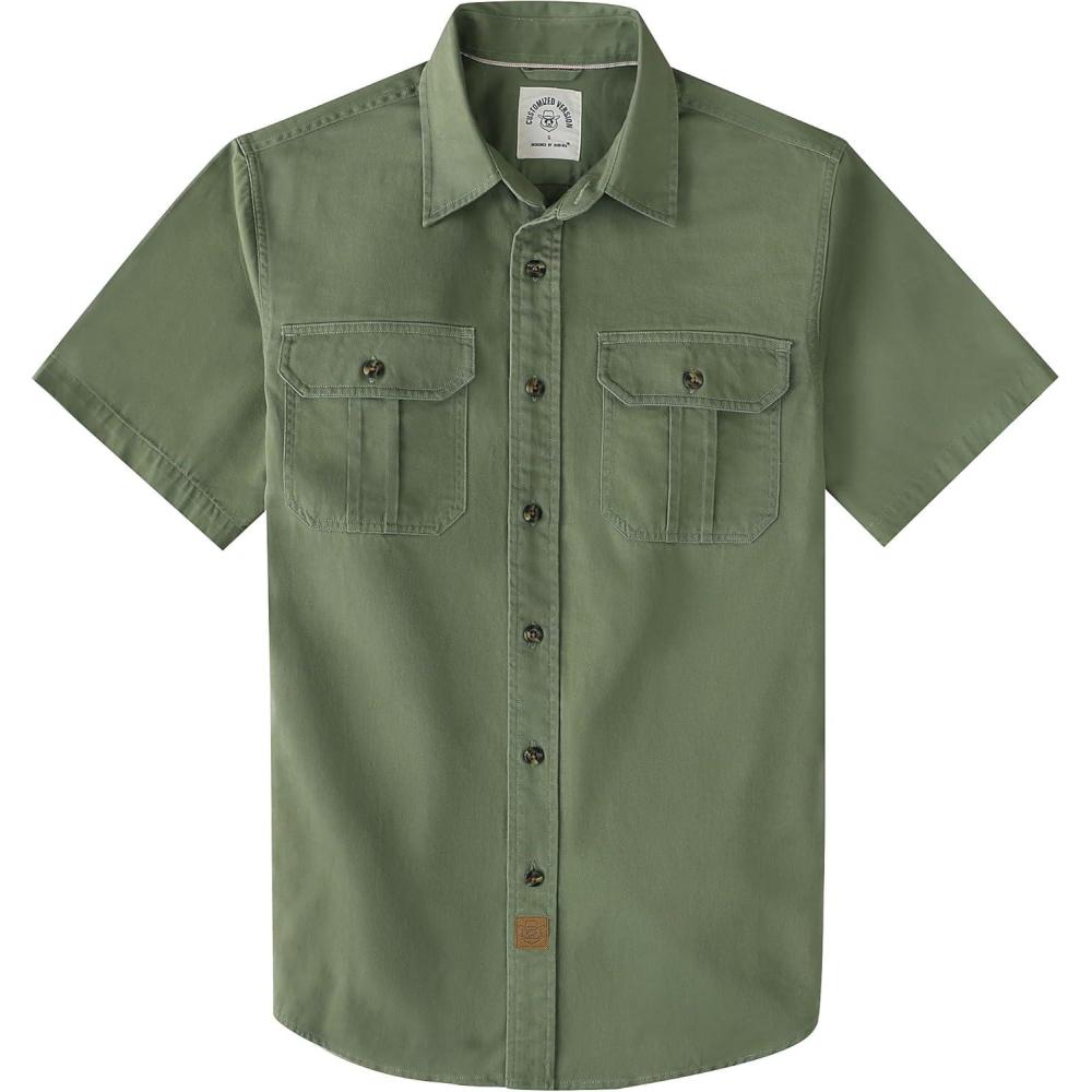 image:imageDubinik Mens Short Sleeve Button Down Shirts 2 Pocket Casual Vintage Cotton Button up Comfortable Western Heavyweight WorkSage Green