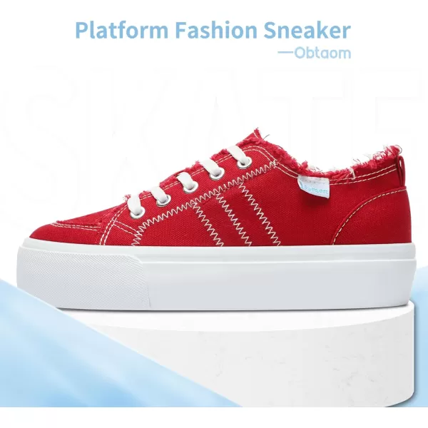 Obtaom Women Platform Canvas Sneakers White Comfort Play Fashion Sneakers Casual Lift Platform Lace Up Shoes Cute Low Top Walking Shoes for Lady
