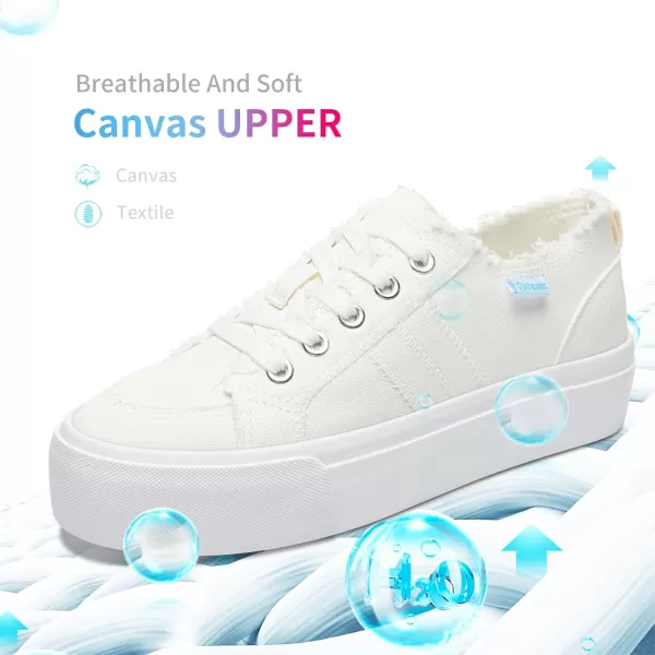 Obtaom Women Platform Canvas Sneakers White Comfort Play Fashion Sneakers Casual Lift Platform Lace Up Shoes Cute Low Top Walking Shoes for Lady