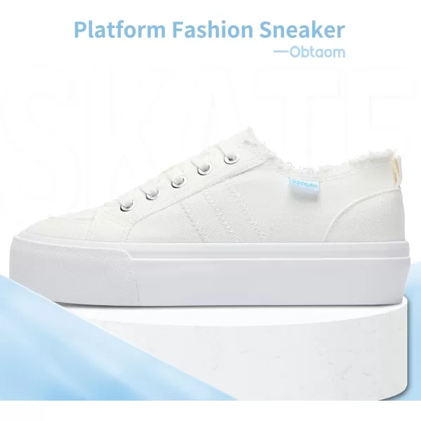 Obtaom Women Platform Canvas Sneakers White Comfort Play Fashion Sneakers Casual Lift Platform Lace Up Shoes Cute Low Top Walking Shoes for Lady