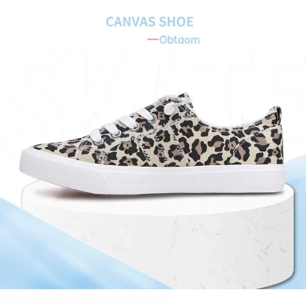 Obtaom Women's Play Fashion Sneaker White Color Washed and Leopard Canvas Slip on Shoes