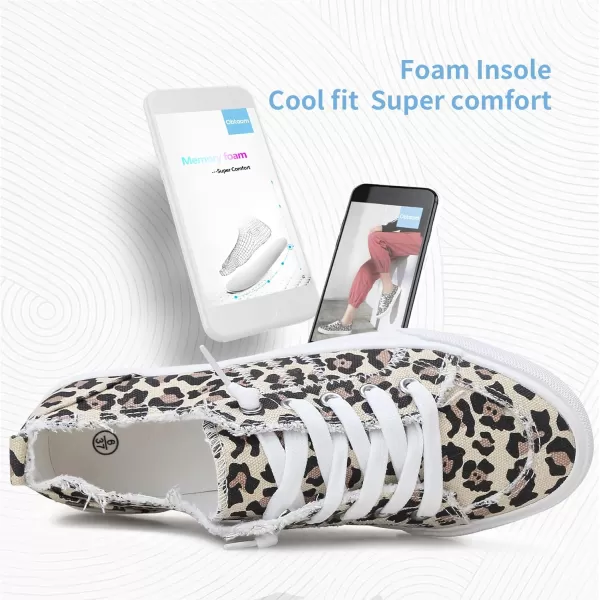 Obtaom Women's Play Fashion Sneaker White Color Washed and Leopard Canvas Slip on Shoes