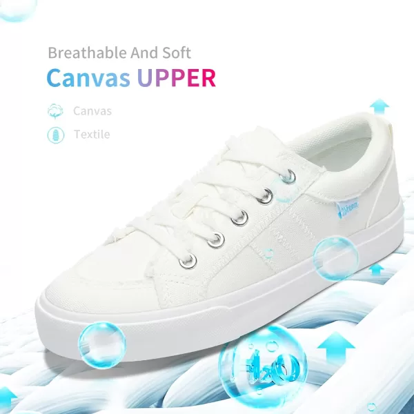 Obtaom Women's White Play Fashion Sneakers Cute Lace up Canvas Shoes Low Top Washed Canvas Flat for Lady