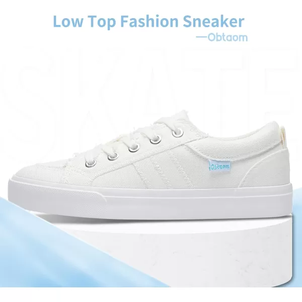 Obtaom Women's White Play Fashion Sneakers Cute Lace up Canvas Shoes Low Top Washed Canvas Flat for Lady
