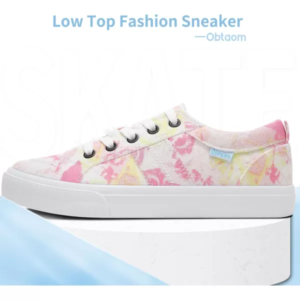 Obtaom Women's White Play Fashion Sneakers Cute Lace up Canvas Shoes Low Top Washed Canvas Flat for Lady