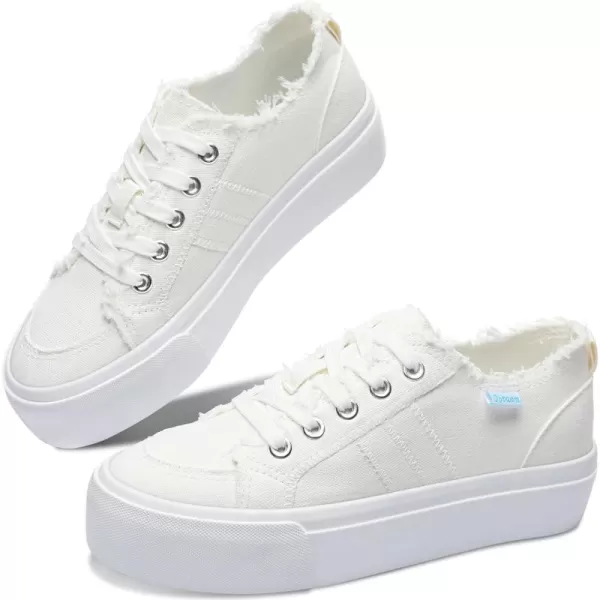 Obtaom Women Platform Canvas Sneakers White Comfort Play Fashion Sneakers Casual Lift Platform Lace Up Shoes Cute Low Top Walking Shoes for Lady