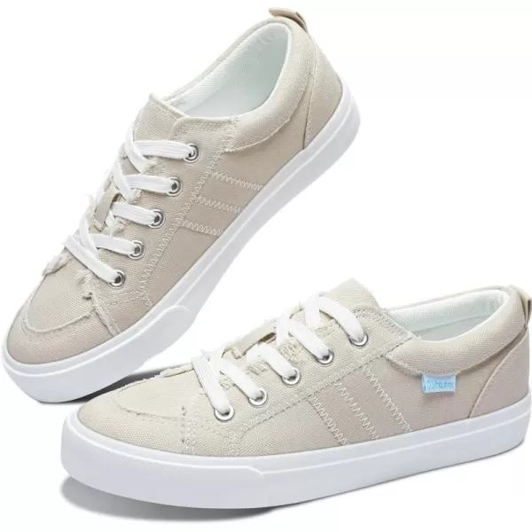 Obtaom Women's White Play Fashion Sneakers Cute Lace up Canvas Shoes Low Top Washed Canvas Flat for Lady
