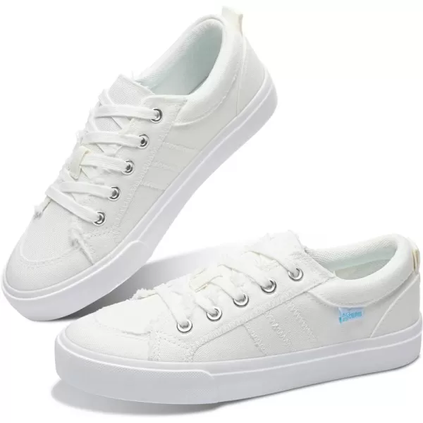 Obtaom Women's White Play Fashion Sneakers Cute Lace up Canvas Shoes Low Top Washed Canvas Flat for Lady
