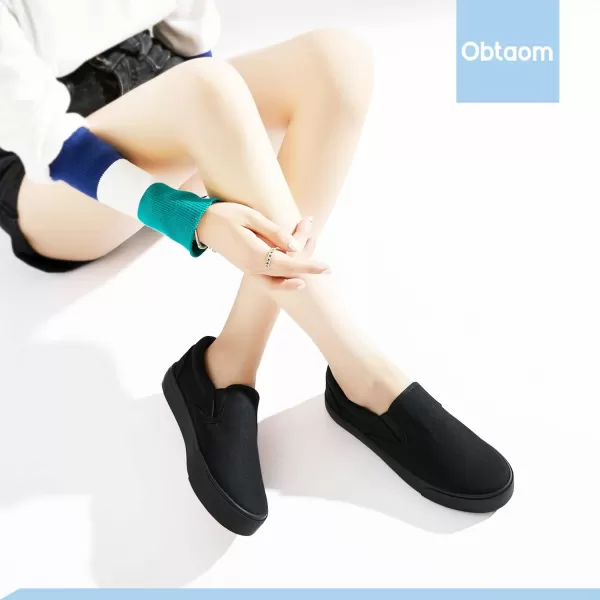 Obtaom Women's White Sneakers Black Slip on Shoes for Women Low Top Canvas Loafers