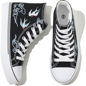 imagekufeiti Womens High Top Canvas Sneakers Canvas Shoes Lace up White Black Sneakers Casual Walking ShoesBlack Lucky