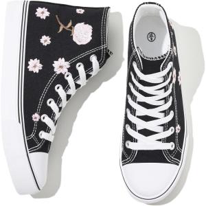 imagekufeiti Womens High Top Canvas Sneakers Canvas Shoes Lace up White Black Sneakers Casual Walking ShoesEmbroidery Black