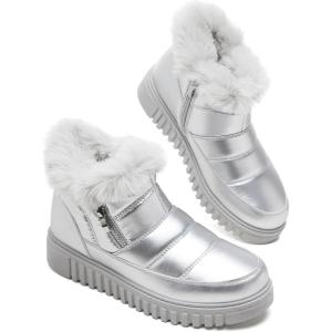 imagekufeiti Womens Waterproof Fall Winter Snow Boots Platform Fur Lined Ankle Boots for Women with Side Zipper Non Slip Outdoor Work BootsSilver