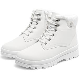 imagekufeiti Womens Waterproof Fur Lined Winter Boots Platform Black Combat Non Slip Boots with Side Zipper Snow Ankle Boots for Outdoor Hiking WorkWhite