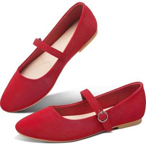 imageObtaom Mary Jane Flat Shoes Round Toe Ballet Flats for Women Dressy Fabric Business Flats Comfortable Classic Strap Flats for OfficeRed