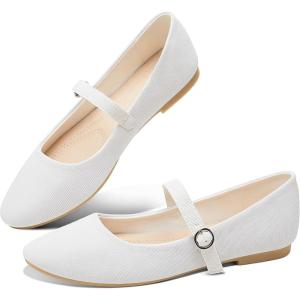 imageObtaom Mary Jane Flat Shoes Round Toe Ballet Flats for Women Dressy Fabric Business Flats Comfortable Classic Strap Flats for OfficeWhite