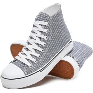 imagekufeiti Womens Canvas High Top Sneakers Fashion Hightop Tennis Shoes Lace Up Casual Walking ShoesDark Grey Stripe
