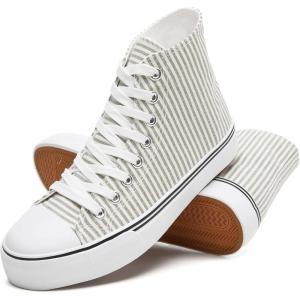 imagekufeiti Womens Canvas High Top Sneakers Fashion Hightop Tennis Shoes Lace Up Casual Walking ShoesGreen Stripe