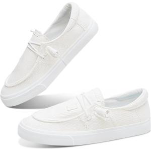 imageObtaom Women Lace up Canvas Loafers LightWeight Slip on Loafers Comfortable Boat Canvas Fishion SneakersWhite