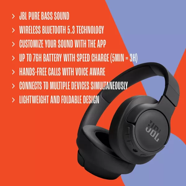 JBL Tune 720BT - Wireless Over-Ear Headphones with JBL Pure Bass Sound, Bluetooth 5.3, Up to 76H Battery Life and Speed Charge, Lightweight, Comfortable and Foldable Design 