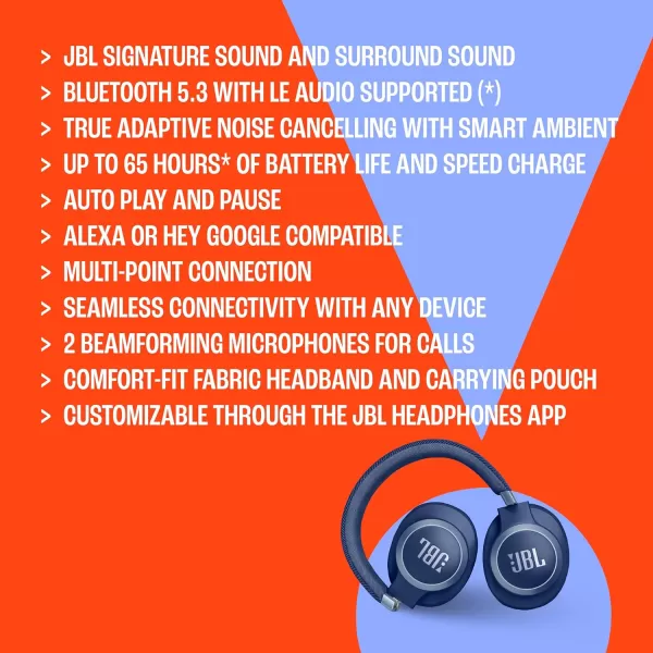 JBL LIVE 770NC - Wireless Over-Ear Headphones with True Adaptive Noise Cancelling with Smart Ambient, Up to 65 hours of battery life, Comfort-fit fabric headband &amp; carrying pouch 