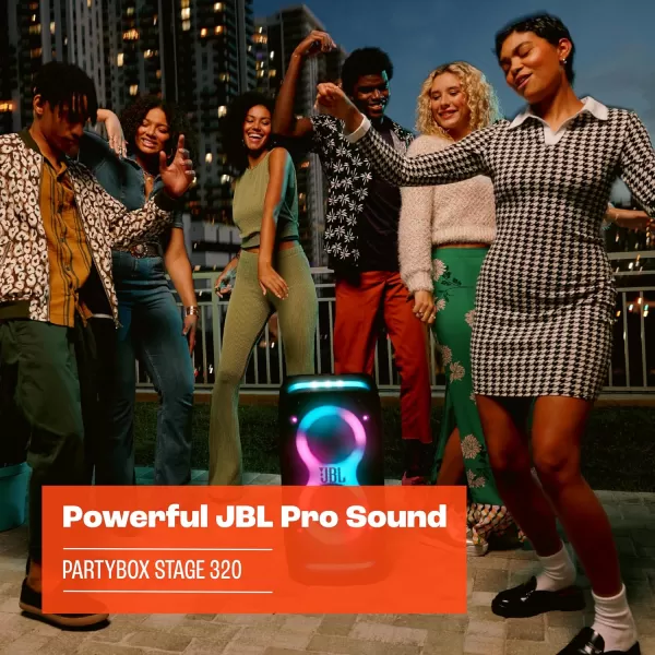 JBL PartyBox Stage 320 - Portable Party Speaker with Telescopic Handle &amp; Wide, Sturdy Wheels, Powerful JBL Pro Sound, Futuristic lightshow, Up to 18 Hours of Play time, Splash Proof 