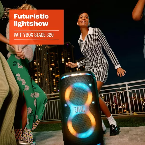 JBL PartyBox Stage 320 - Portable Party Speaker with Telescopic Handle &amp; Wide, Sturdy Wheels, Powerful JBL Pro Sound, Futuristic lightshow, Up to 18 Hours of Play time, Splash Proof 