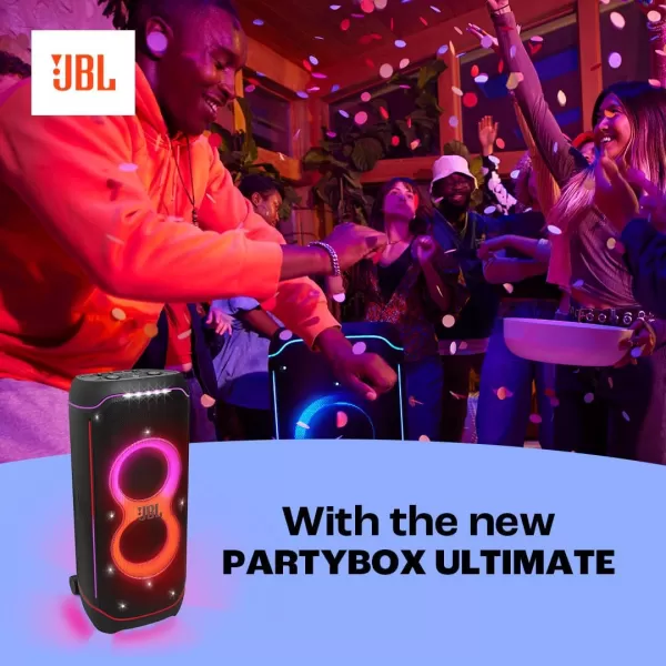 JBL Partybox Ultimate - Multi Purpose Party Speaker, with Wi-fi &amp; Bluetooth Connectivity, Wireless, Lightshow, IPx4 Slashproof, Dual Mic &amp; Guitar Inputs, Handle &amp; Sturdy Wheels, Black