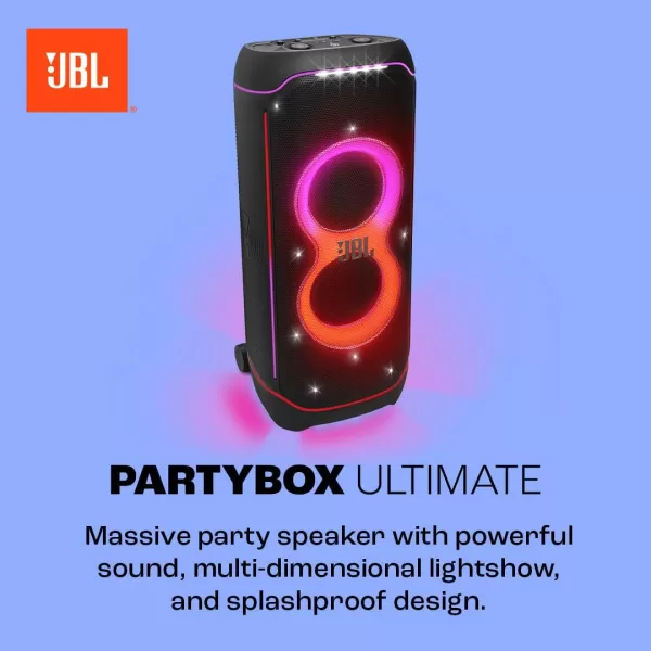JBL Partybox Ultimate - Multi Purpose Party Speaker, with Wi-fi &amp; Bluetooth Connectivity, Wireless, Lightshow, IPx4 Slashproof, Dual Mic &amp; Guitar Inputs, Handle &amp; Sturdy Wheels, Black