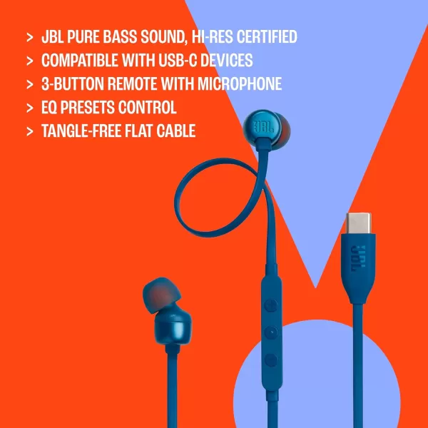 JBL TUNE 310C - Wired Hi-Res in-Ear Headphones, Tangle-free flat cable, 3-button remote with microphone 