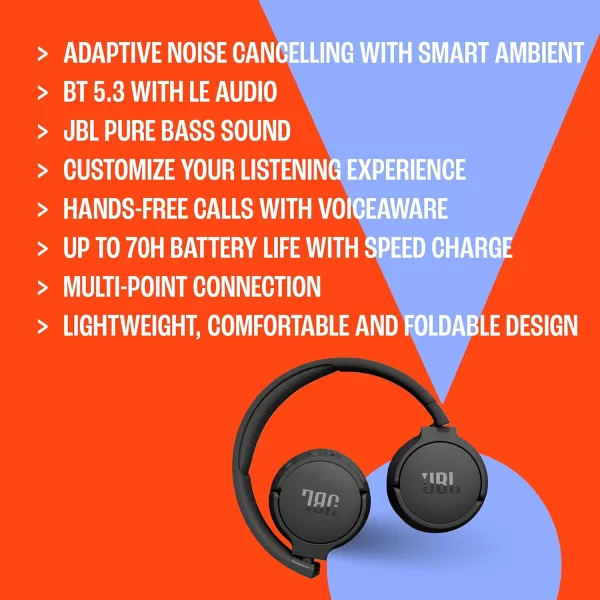 JBL TUNE 670NC - Adaptive Noise Cancelling with Smart Ambient Wireless On-Ear Headphones, Up to 70H battery life with speed charge, Lightweight, comfortable and foldable design 