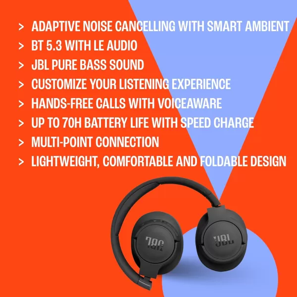 JBL TUNE 770NC - Adaptive Noise Cancelling with Smart Ambient Wireless Over-Ear Headphones, Bluetooth 5.3, Up to 70H battery life with speed charge, Lightweight, comfortable &amp; foldable design 