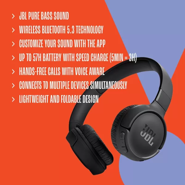 JBL Tune 520BT - Wireless On-Ear Headphones, Up to 57H battery life and speed charge, Lightweight, comfortable and foldable design, Hands-free calls with Voice Aware 