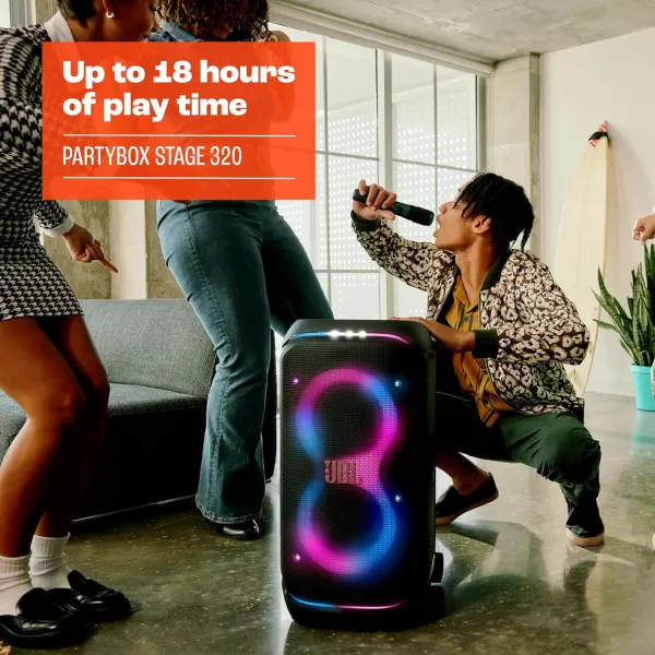 JBL PartyBox Stage 320 - Portable Party Speaker with Telescopic Handle &amp; Wide, Sturdy Wheels, Powerful JBL Pro Sound, Futuristic lightshow, Up to 18 Hours of Play time, Splash Proof 