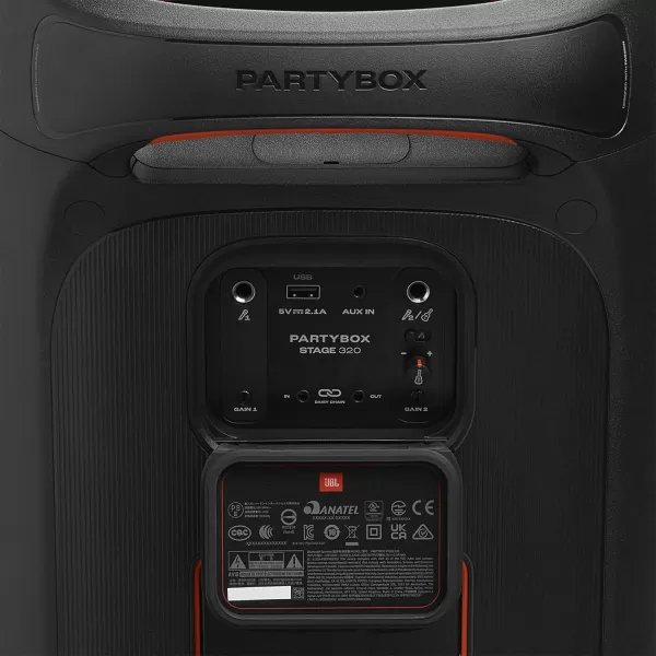 JBL PartyBox Stage 320 - Portable Party Speaker with Telescopic Handle &amp; Wide, Sturdy Wheels, Powerful JBL Pro Sound, Futuristic lightshow, Up to 18 Hours of Play time, Splash Proof 
