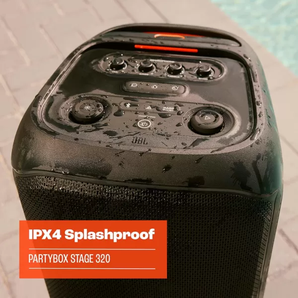 JBL PartyBox Stage 320 - Portable Party Speaker with Telescopic Handle &amp; Wide, Sturdy Wheels, Powerful JBL Pro Sound, Futuristic lightshow, Up to 18 Hours of Play time, Splash Proof 