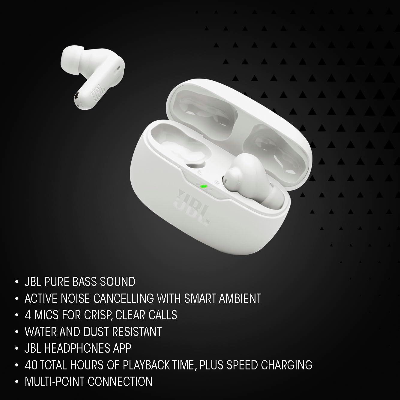 imageJBL Vibe Beam 2  True Wireless Noise Cancelling Earbuds Pure Bass Sound ampamp Smart Ambient Technology 4mics for Crisp Clear Calls up to 40Hrs of Playback IP54 Dust ampamp Water Resistant WhiteWhite