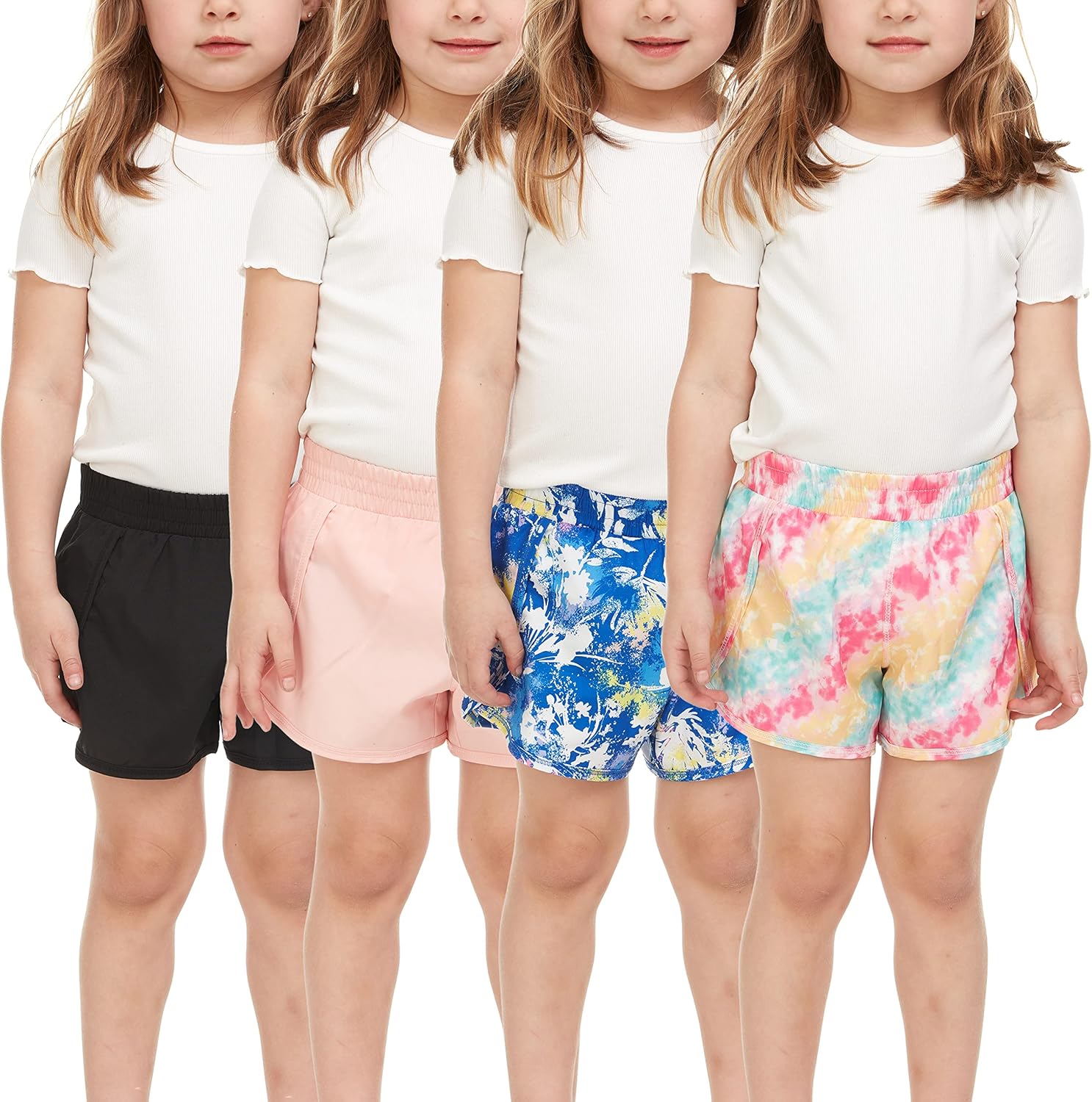 BTween Girls 4-Piece Summer Shorts | Performance Dolphin Shorts | Sports Running Shorts for Kids - Assorted Colors