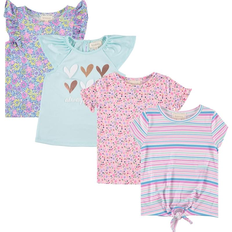 BTween Girls 4pc Fashion Tops, Short Sleeve T-Shirt, Casual Daily Shirt for Kids - Assorted Colors