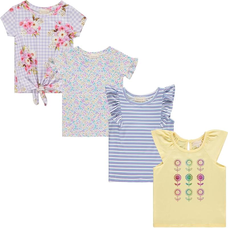 BTween Girls 4pc Fashion Tops, Short Sleeve T-Shirt, Casual Daily Shirt for Kids - Assorted Colors