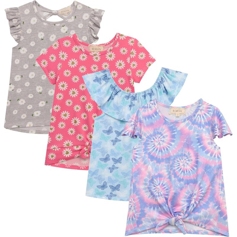 BTween Girls 4pc Fashion Tops, Short Sleeve T-Shirt, Casual Daily Shirt for Kids - Assorted Colors