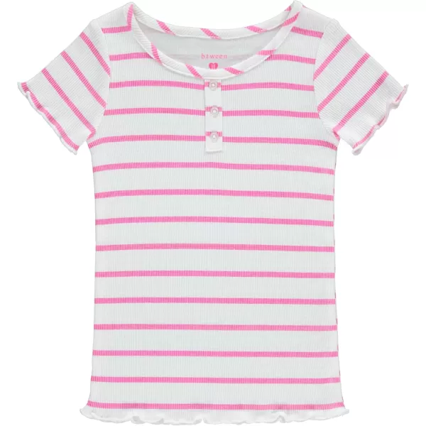 BTween 4-Pack Rib Knit Girls Tops - Short Sleeve Lettuce Trim Ribbed Girl Shirts - Stripe/Floral/Solid