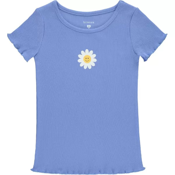 BTween 4-Pack Rib Knit Girls Tops - Short Sleeve Lettuce Trim Ribbed Girl Shirts - Stripe/Floral/Solid